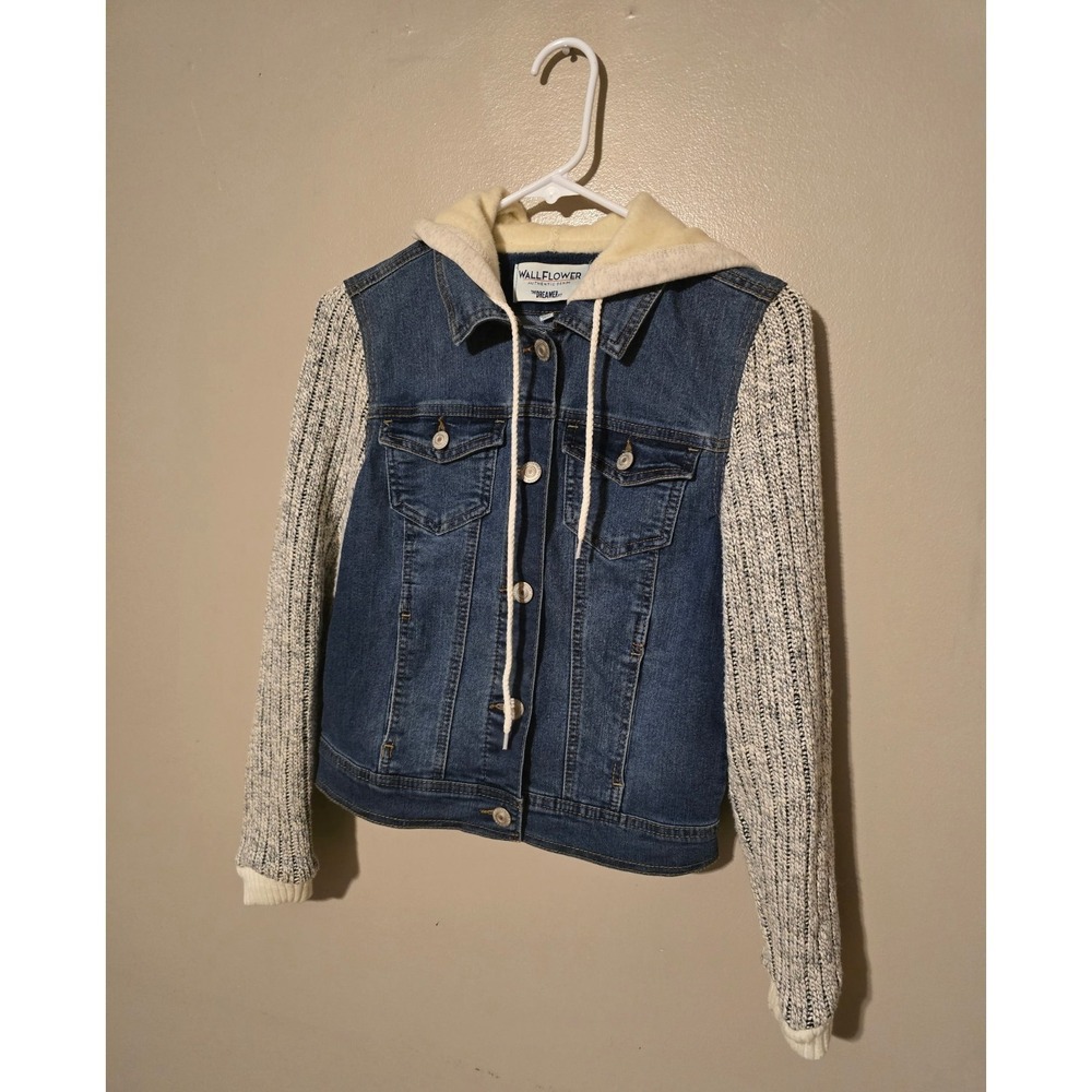 WALLFLOWER Blue Denim Jacket The Dreamer Fit Long Knit Ribbed Sleeve Womens M